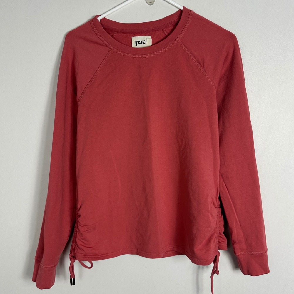 Pact Organic Side Ruched Long Sleeve Crew Neck Top Womens Size Medium Pink‎